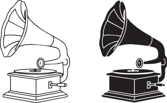 Minimalist black and white vector illustration of two vintage gramophones side by side, retro music icon, clean design, eps format, no white background