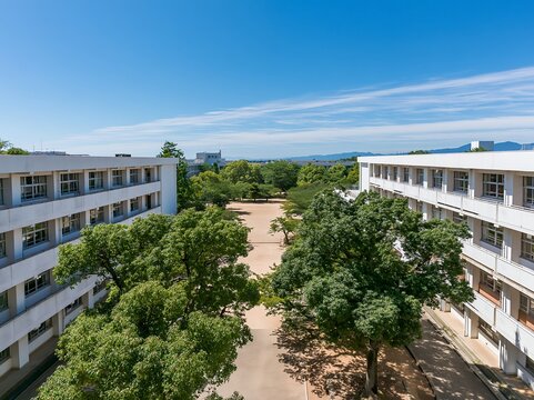 夏の青空が広がる広大な校庭と学び舎の校舎が希望に満ちた未来を表現する