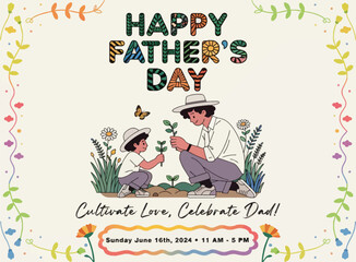 Fototapeta premium Happy fathers day with man and child planting flowers together outdoors