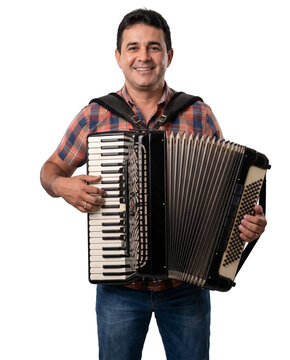 Portrait of a smiling man playing a black accordion