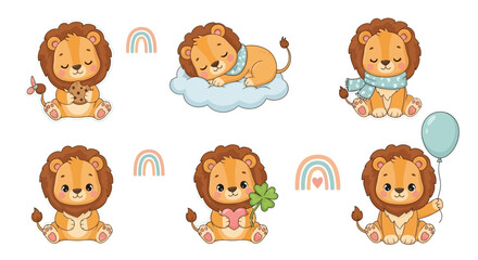 Fototapeta premium Cute Cartoon Lion Set with Rainbows, Hearts, and Balloons
