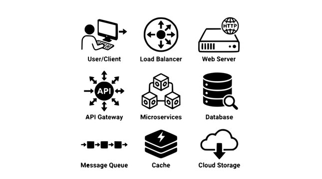 Software testing icons illustrate a system with user, load balancer, web server, API gateway, microservices, database, message queue, cache, and cloud storage.