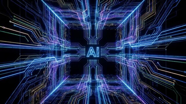 暗闇からスキャン発光して起動する回路ワイヤーで構成された立方体の部屋のループ背景