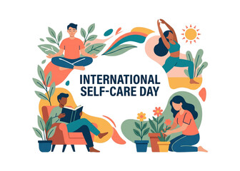 Obraz premium Diverse people practicing meditation yoga reading and gardening for International Self Care Day silhouette vector icon transparent background