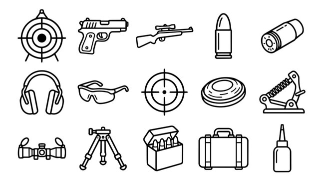 Set of shooting sport and hunting equipment line icons