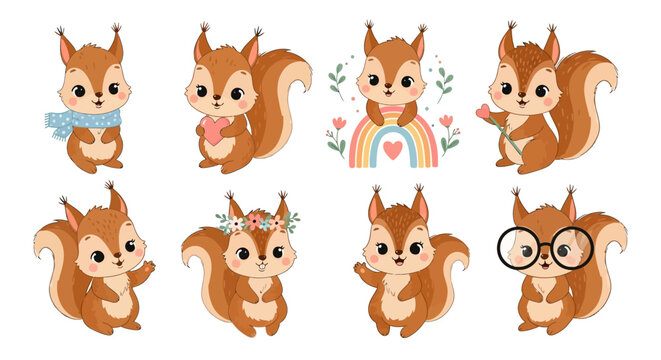 Cute cartoon squirrel set with flowers and accessories