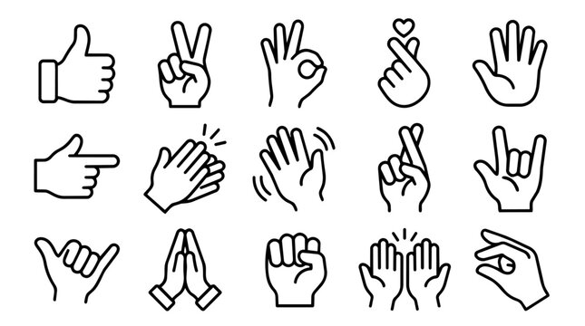 Various outline hand gesture icons set