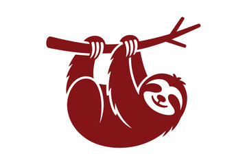 Fototapeta premium Minimalist red vector icon of a cute sloth hanging from a thin tree branch isolated on a white background suitable for environmental conservation themes and wildlife graphic design or simple print art