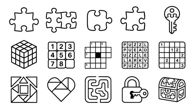 Set of puzzle and logical game outline icons