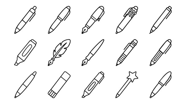 Set of diverse writing instruments and stationery line icons