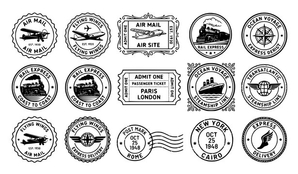 Retro travel stamp vector illustration set with planes boats trains and tickets