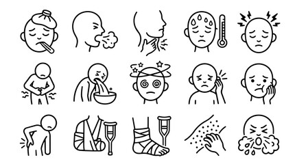 Fototapeta premium Set of common illness symptoms, body pains, and injury line icons
