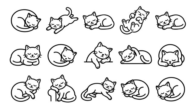 Cute sleeping cats in various poses line art set