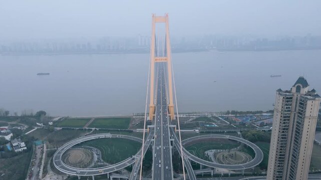 Yangsigang Yangtze River Bridge and riverfront interchanges in Wuhan China