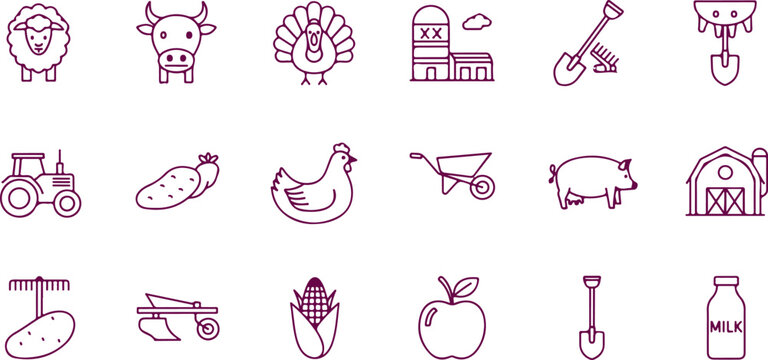 Farm vector icons set with tractor barn chicken sheep pig cow horse elements isolated illustration.