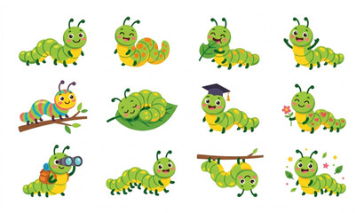 Funny Caterpillar Cartoon Set with Different Poses Expressions and Activities © SobujChandra