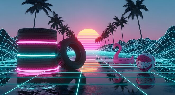 Retro synthwave landscape with tropical palms. Futuristic summer aesthetic and digital art concept. Glowing neon tires and flamingo floatie on a digital grid