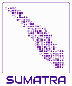Sumatra digital style map. Large roundedSquare dots on white background. Dotted shape of the island. Sumatra map and title. Stylish vector illustration.