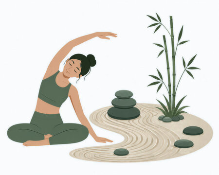 Seated Side Stretch in a Zen Garden