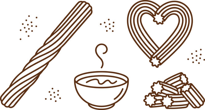 Churros vector line art icon set featuring sweet pastry stick heart shaped dessert hot chocolate dip isolated on white background