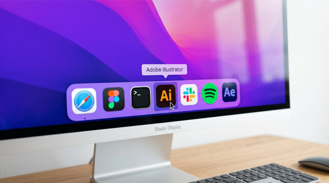 Adobe Illustrator application icon highlighted by a mouse cursor on a professional Studio Display screen, alongside Figma, Slack, and Spotify icons, representing modern creative software suites.