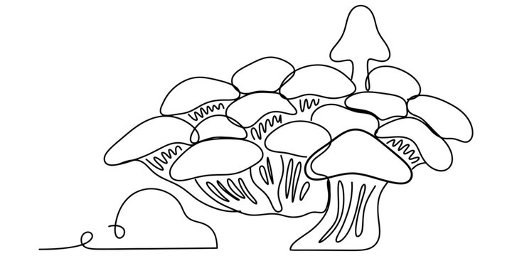 Continuous single line drawing of a group of mushrooms in a simple minimalist style showing organic forest fungi shape and natural growth pattern Vector, illustration