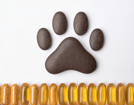 Dog Paw Print with Pet Supplement Capsules as Animal Wellness Concept