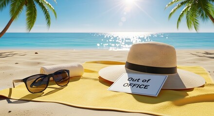 Obraz premium Beach vacation and summer holiday relaxation. Out of office and travel leave concept. Sun hat and sunglasses placed on a yellow towel on the sand near the ocean