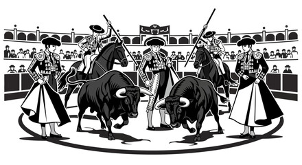 Bullfighting Scene: Matador, Picador, Bull, Arena, Spectators © yo