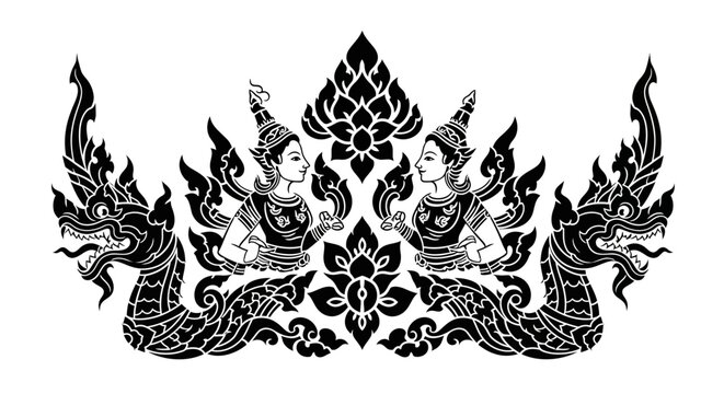 Thai Naga Serpent and Angelic Figures Traditional Art Black White