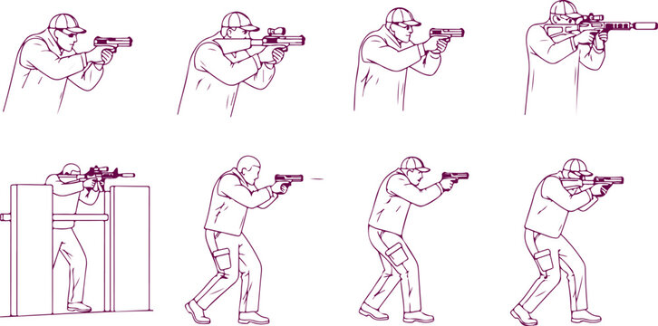 Shooting range action icons purple line art person with gun on transparent background.