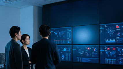 Fototapeta premium Cinematic Business Team Analyzing Vibrant Data Dashboard Wall Screens Driving Innovation and Vision Perfect for Corporate Strategy Presentation and Technology Advertising