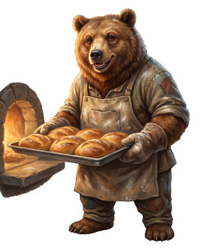 Bear baker holding freshly baked bread on a tray isolated on transparent background