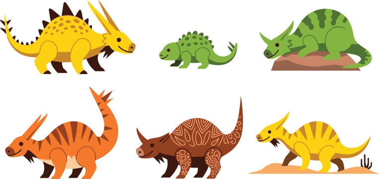 Dinosaur and Prehistoric Reptile Vector Illustration Set Featuring Flat Cartoon Stegosaurus Triceratops and Parasaurolophus Characters on White Background