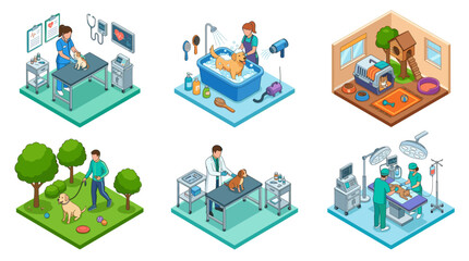 Fototapeta premium Isometric Animal Care and Pet Services Vector Icon Set