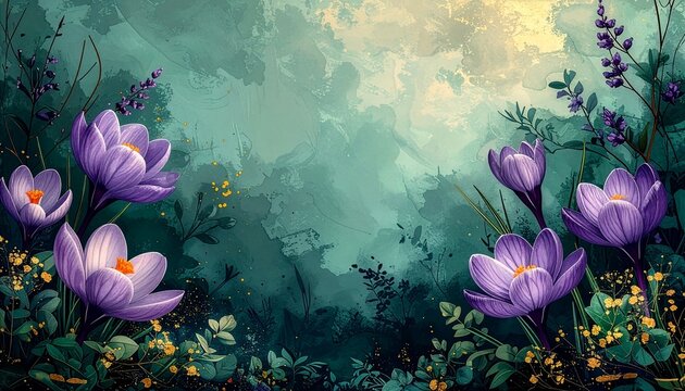 Enchanted watercolor purple crocus floral border, moody dark teal botanical background with golden splatter and copy space