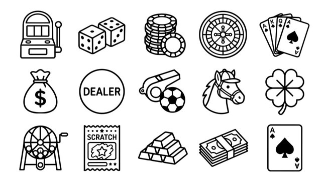 Set of casino, betting, and luck outline icons