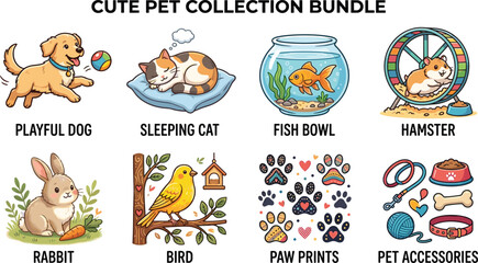 Fototapeta premium Cute Pet Collection Bundle Featuring Dog Cat Fish Hamster Rabbit Bird Paw Prints and Pet Accessories