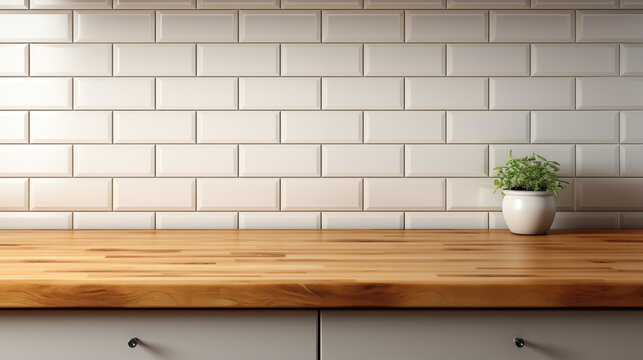 Empty light wood plank table against a white subway tile wall, featuring horizontal planks with visible wood grain running across the surface.