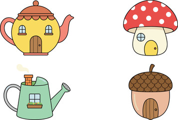 Whimsical fairy tale house collection featuring cute teapot mushroom watering can and acorn home icons vector illustration © REYAD