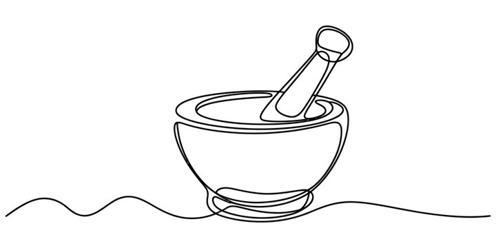 Continuous single line drawing of a mortar and pestle kitchen tool for grinding herbs and spices in a simple minimalist style for cooking health concept Vector, illustration