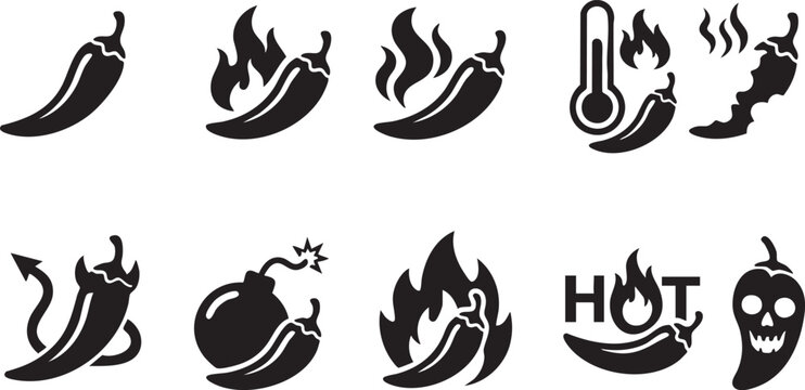 Collection of hot chili pepper icons representing spice levels and heat perfect for food branding and culinary design elements