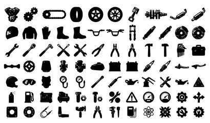 Motorcycle maintenance vector icon collection bike parts and repair tools © MD