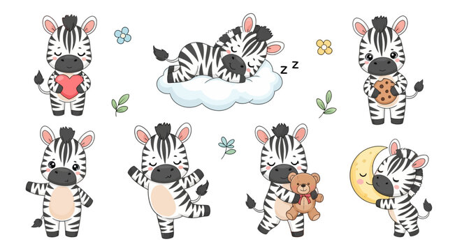 Cute Cartoon Zebra Set with Various Poses and Activities