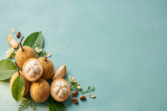 Ripe santol fruit cut in half with white sweet cottony pulp segments, seeds, and blossoms on a turquoise background