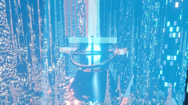 Dramatic sweeping orbit around glowing centralized quantum computing core in modern metropolis