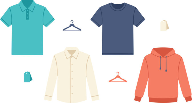Men apparel clothing icon set featuring turquoise polo dark blue tshirt cream button shirt and coral hoodie vector illustration.