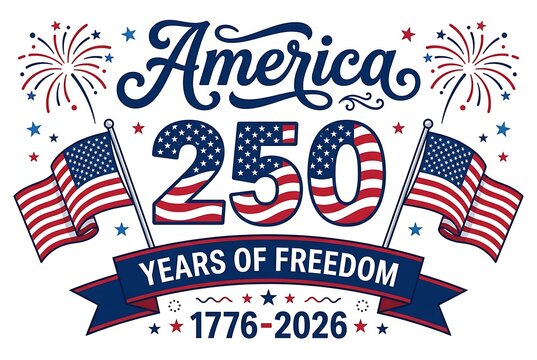 America 250 years of freedom celebrated with american flags fireworks and fireworks indicating years 1776 to 2026.