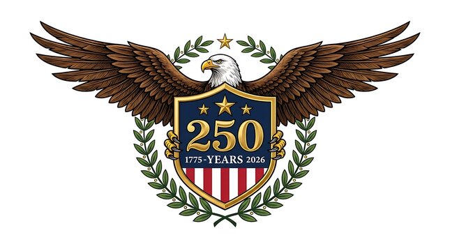 Patriotic american eagle emblem with laurel wreath and shield commemorating 250 years 1775 to 2026 celebration illustration.