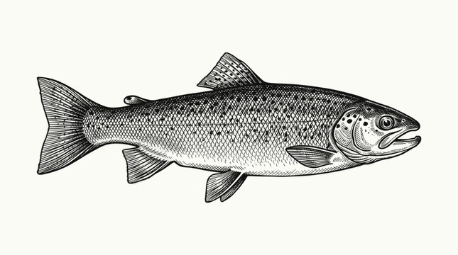 Hand Drawn Trout Ink Sketch in Vintage Cross Hatching Engraved Style